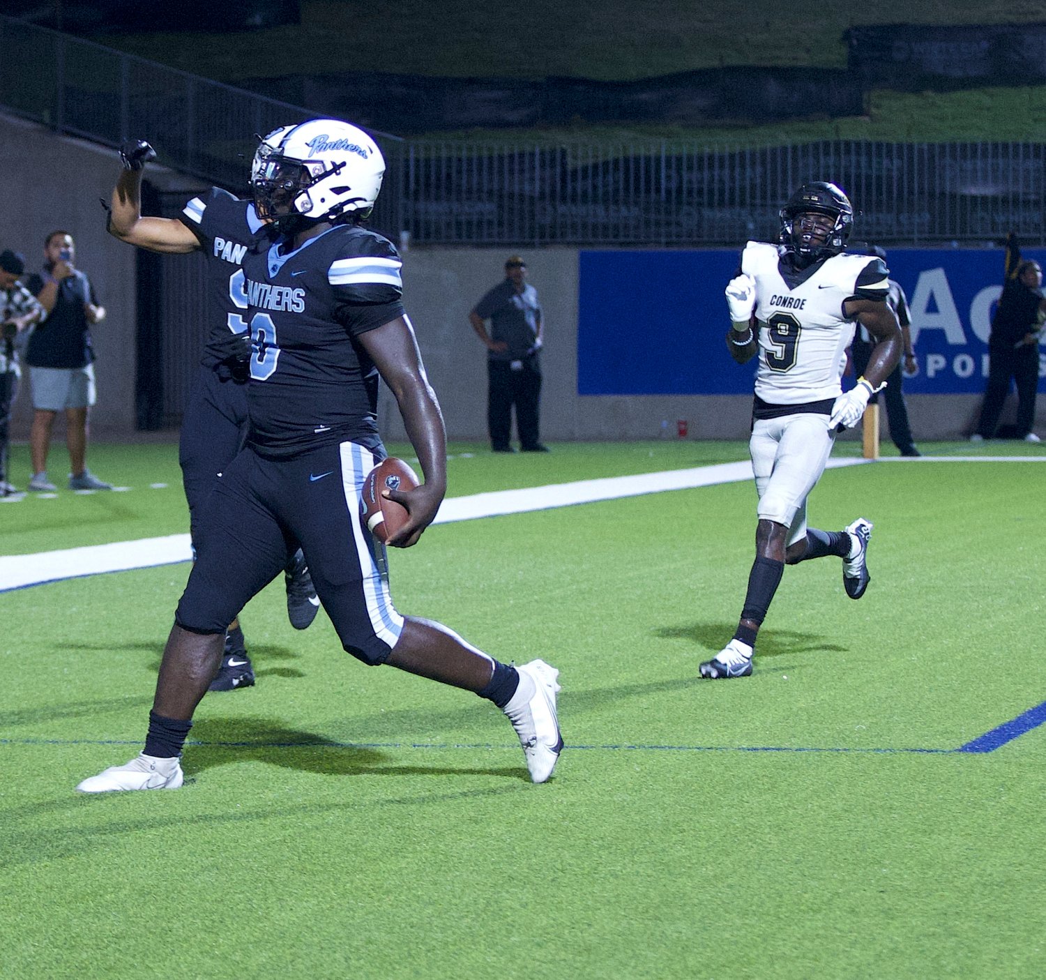 Paetow’s DJ Hicks celebrates after catching a touchdown pass against Conroe earlier this season.